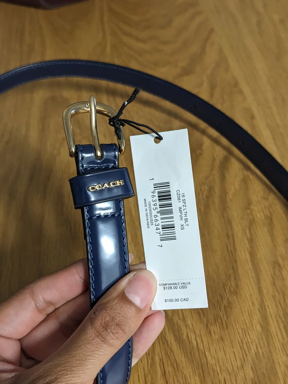 Kids Coach Navy Patent Leather Belt with Gold Buckle